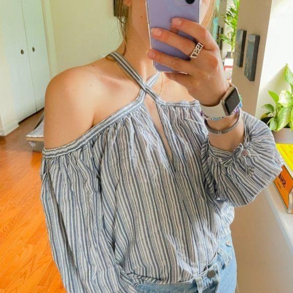 Rebecca Taylor Pinstripe Criss Cross Cut Out Top - Picture 2 of 9